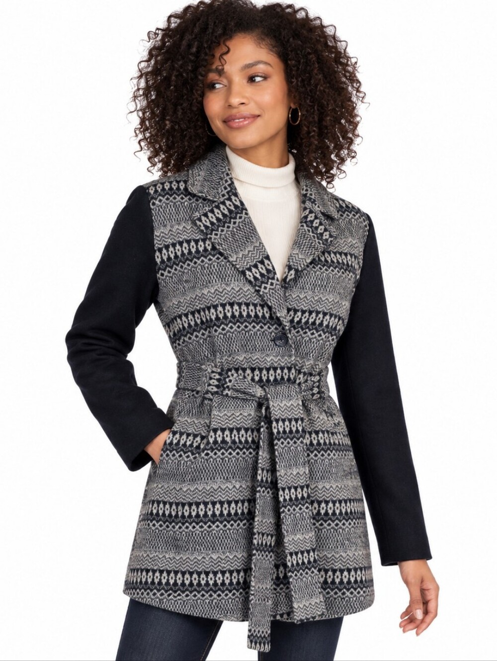 Tulle Wool Blend Belted Coat Women L Black Gray Geometric Fair Isle